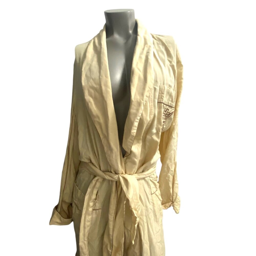 Vtg 1960s DYNASTY Silk Tie-Front Long Sleeve Robe - Embroidered Crest Womens XL